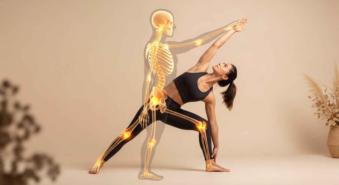 Yogalehrerin in Pose mit anatomischer Visualisierung des Skeletts