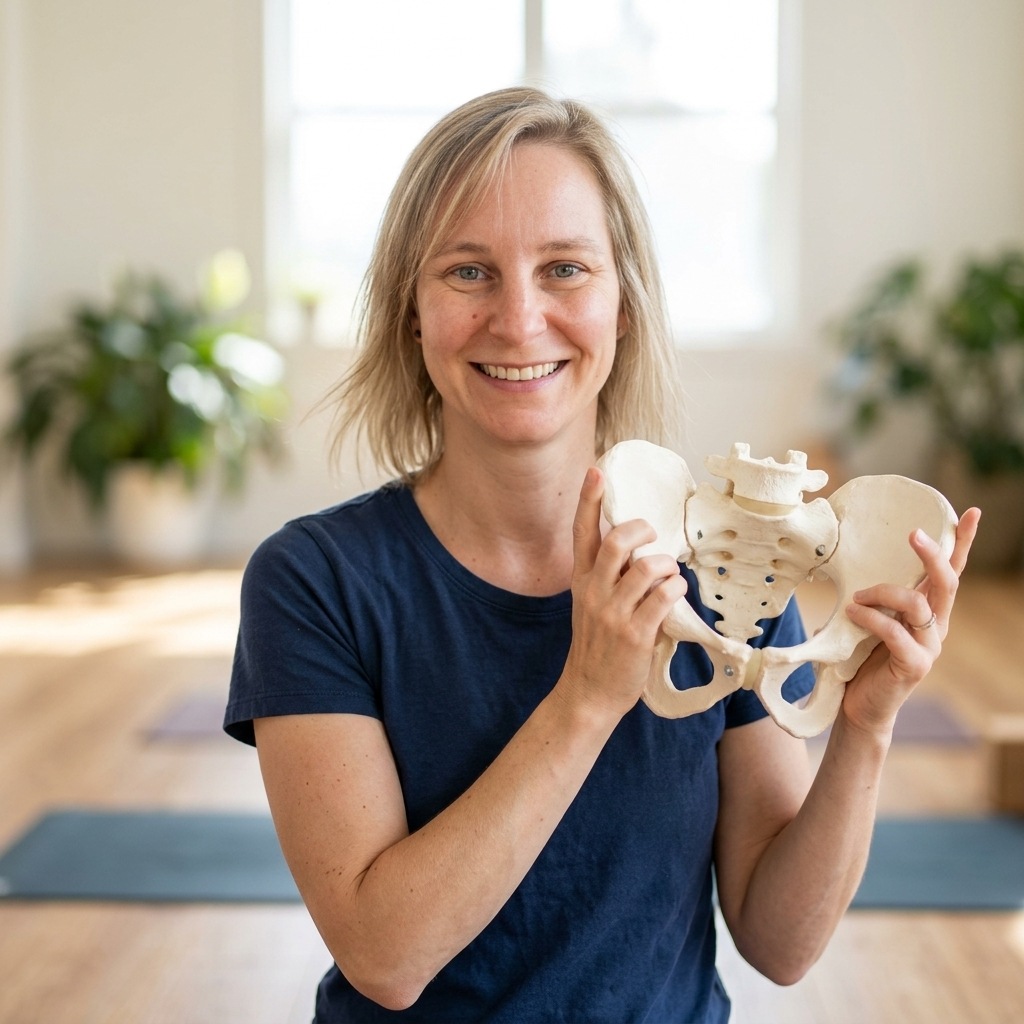 Malaia (Mareike Engel), Yogalehrerin und Biomechanik-Expertin, mit einem anatomischen Beckenmodell