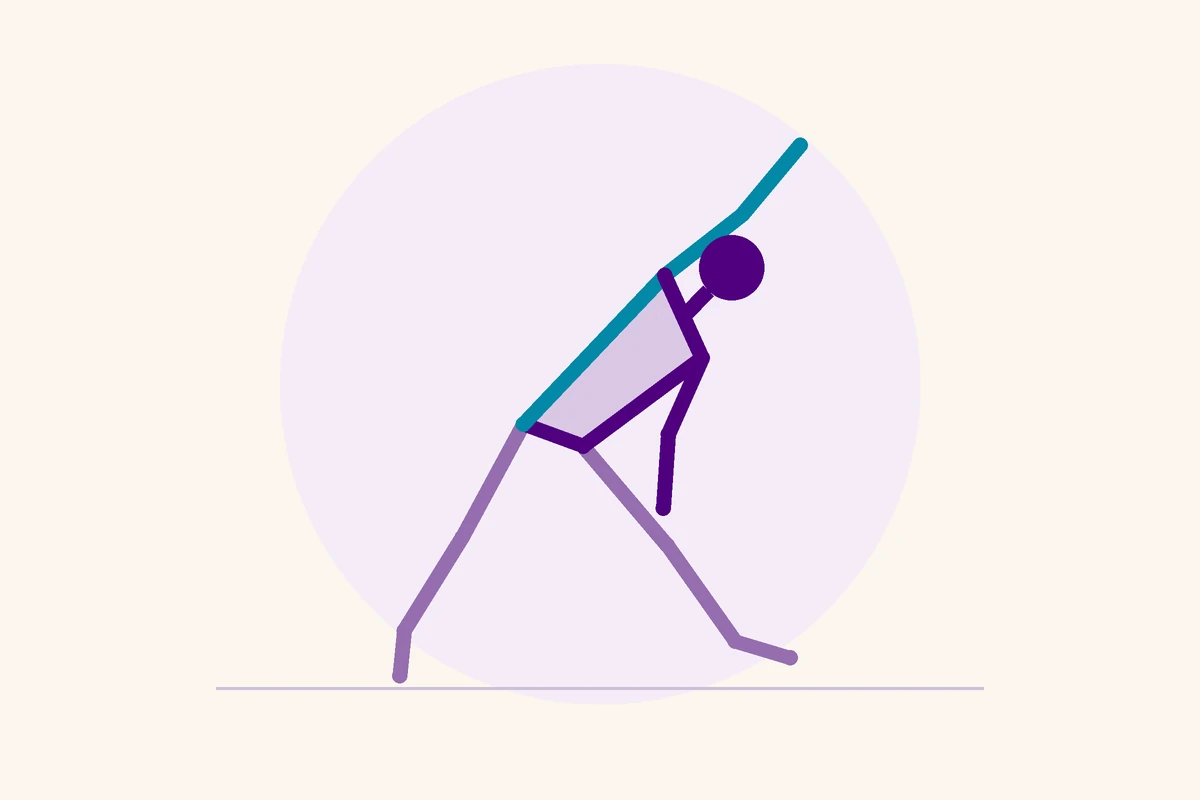 Linienfigur in Trikonasana mit langem Oberkörper, die gedehnte rechte Flanke ist hervorgehoben